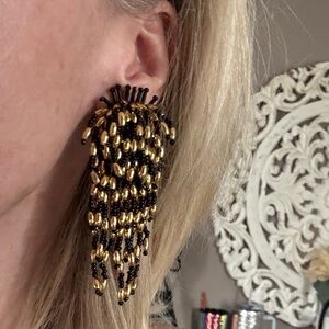 Estate Sale -Vintage Retro Gold and Black Beaded cascading Earrings set- clip